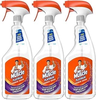 Mr Muscle 3 x 750ml Platinum Shower Shine Spray With Welari Thank You Card Bathroom Limescale Soap Scum Cleaner (2.25L)