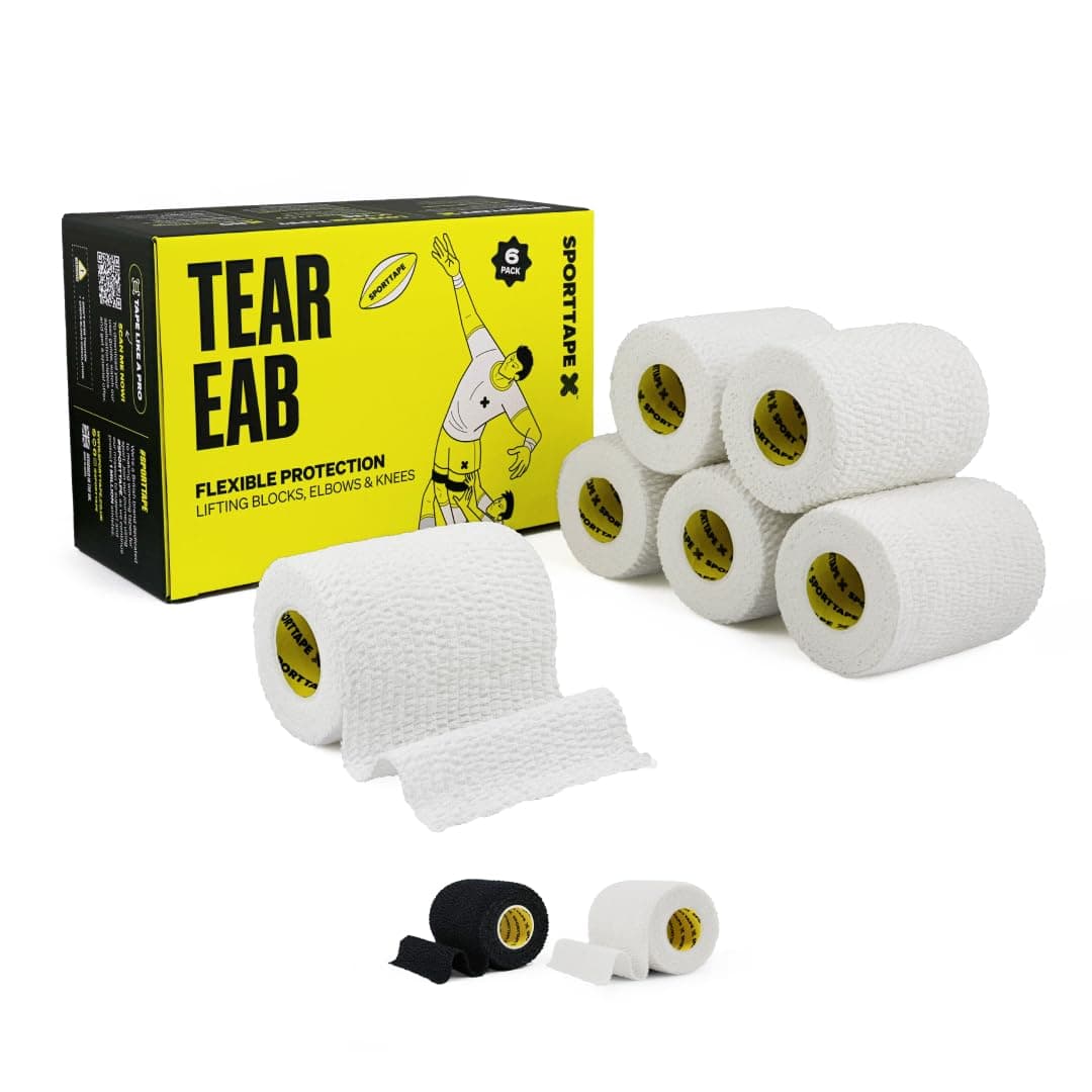 6 Rolls - SPORTTAPE EAB Tape | 7.5cm x 4.5m - White - Tearable Elastic Adhesive Bandage | Rugby Lifting, Tear Light Strapping Tape for Medical, Lifting Blocks, Knee Strapping, Elbow & Wrist