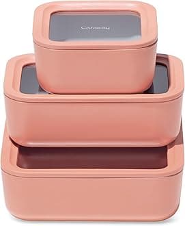 Caraway 3pc Glass Food Storage Set - 10, 6.6, & 4.4 Cup Containers - Ceramic Coated - Non-Toxic Non-Stick Lunch Box With Glass Lids - Dishwasher, Oven, & Microwave Safe - Perracotta
