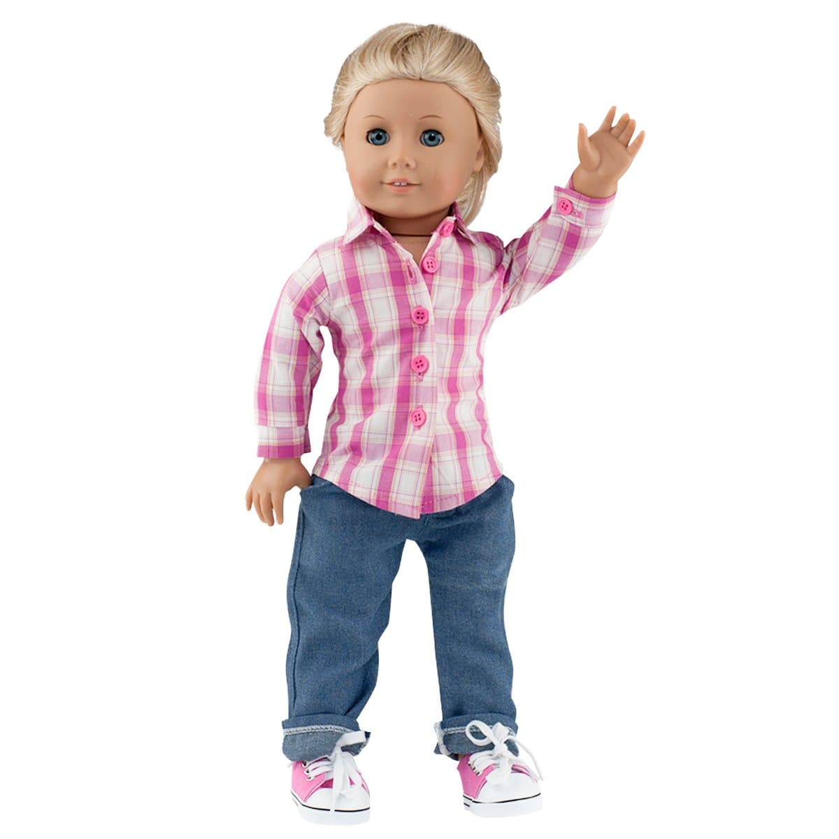 MangoPeaches - 18" Doll Clothes Compatible with 18" L Dolls - 3 Pc Casual Outfit - Pink Plaid Button-Down Shirt, Light Jeans - Sneakers Included - Fits All 18" Dolls & More!