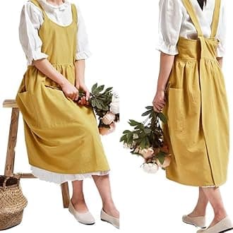 Cotton and linen Kitchen Cooking Aprons Dress for Women with Pockets Cute for Baking Painting Gardening Cleaning