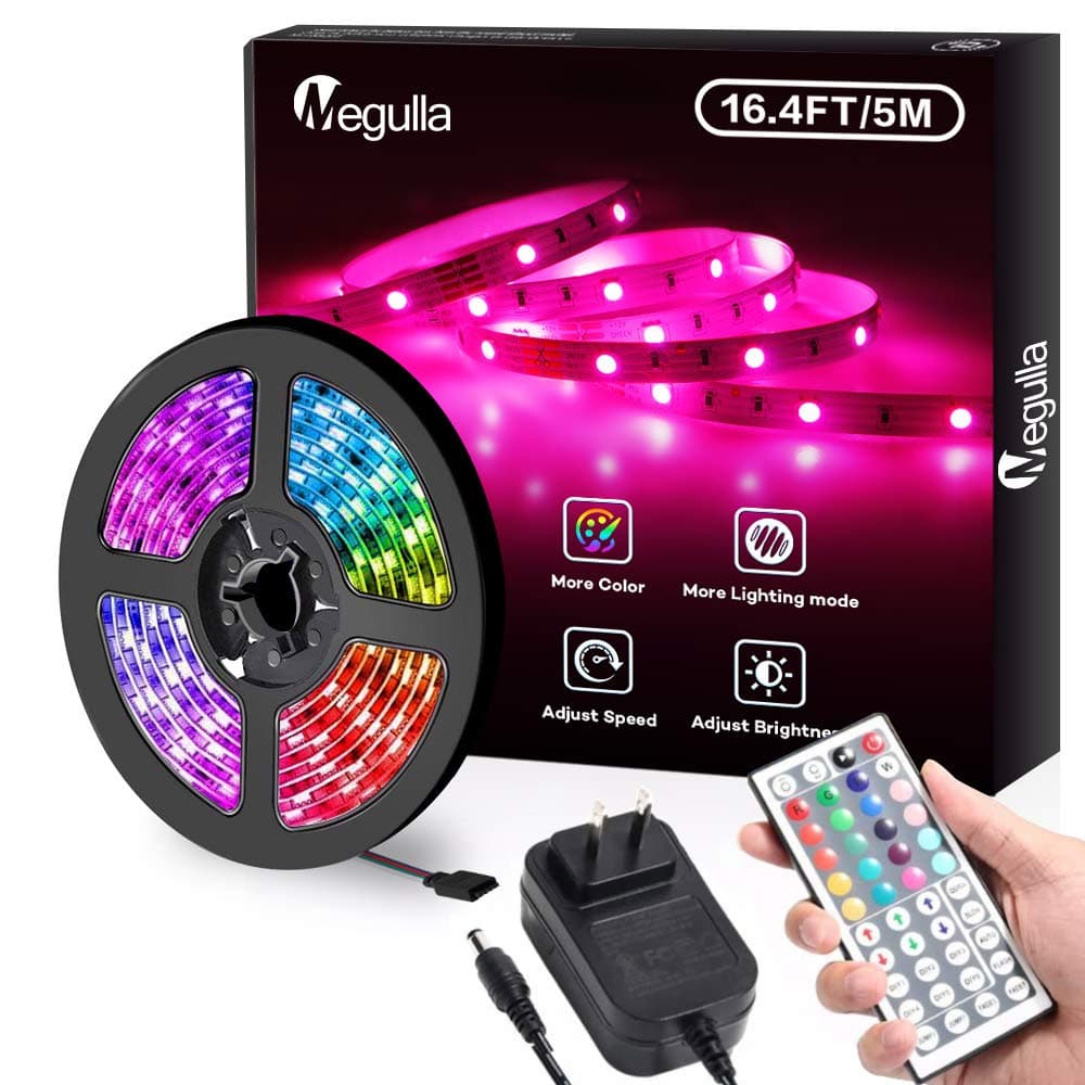 Megulla 16.4ft RGB LED Strip Light, Waterproof Multi-Color LED Rope Lights with RF Remote and 12V Power Supply for Kitchen, Living Room and Bedroom