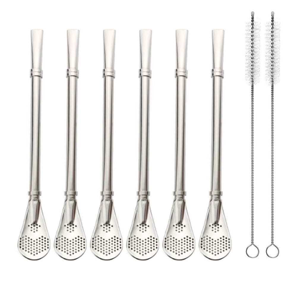 Reusable Stainless Steel Drinking Straws with Filter Spoon 6 Pieces Yerba Mate Tea Bombilla Drinking Straws with 2 Pieces Cleaning Brushes Set, 6.1inch Long