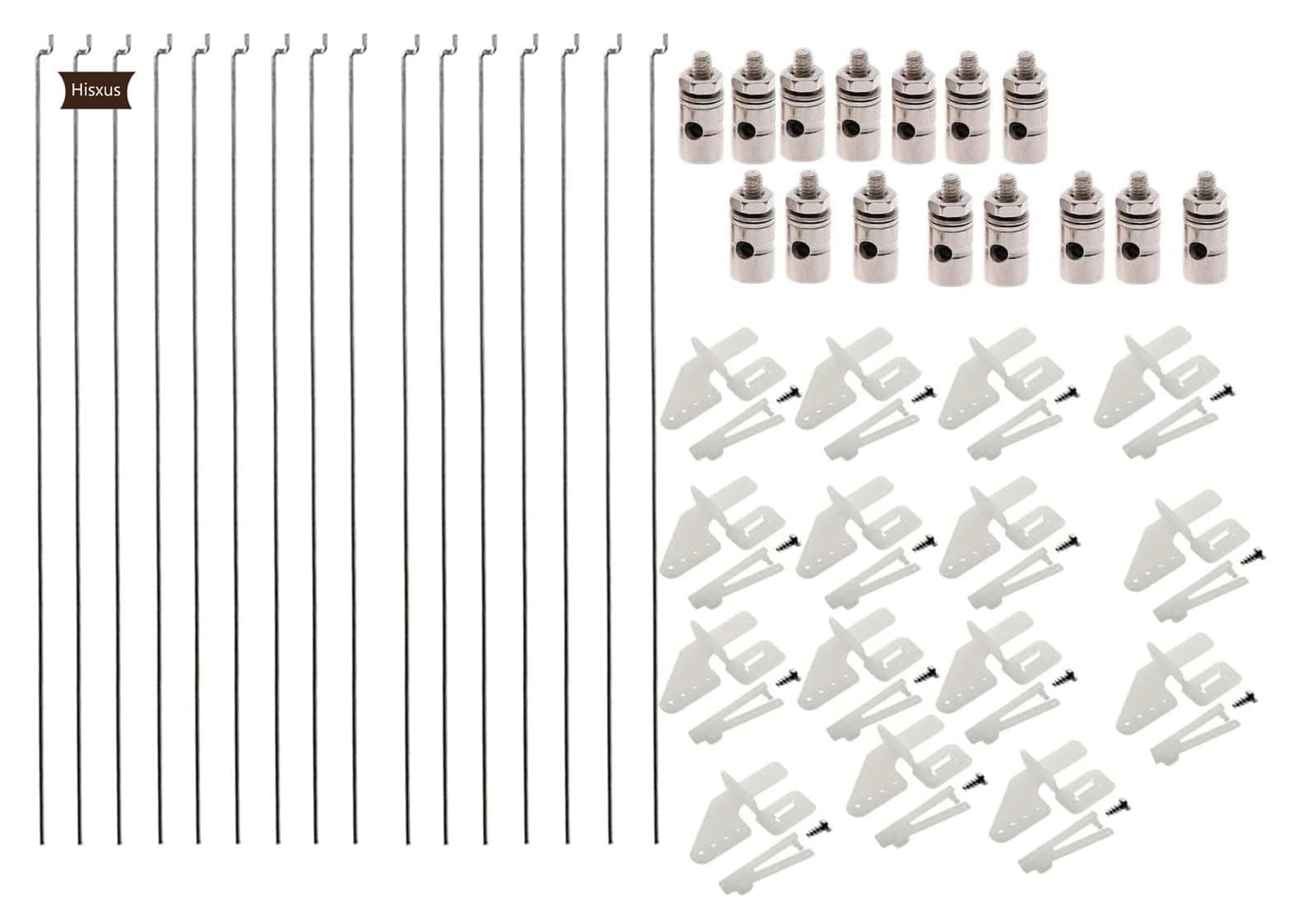 15Pcs Adjustable Pushrod Connector Linkage Stopper 1.3mm + 15Pcs Nylon Control Horns 21x10 mm + 15Pcs 1.2 x 210mm Z Push Rods Parts Compatible for RC Airplane Plane Boat Replacement (15 PCS)