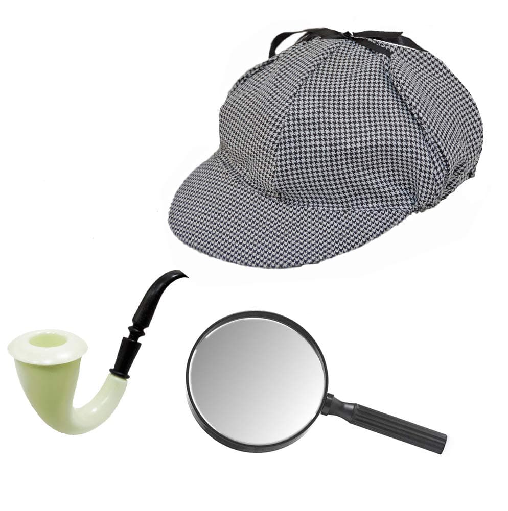 Classic Detective Houndstooth Deerstalker Sleuth Costume Hat With Costume Pipe & Magnifying Glass