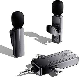 2 Pack Wireless Mini Lavalier Lapel Microphone for iPhone,Android Device(3 in 1) - 65ft Cordless Clip on Dual Mics with Noise Reduction 6H Working Time for Video Recording Vlogging, YouTube, Interview