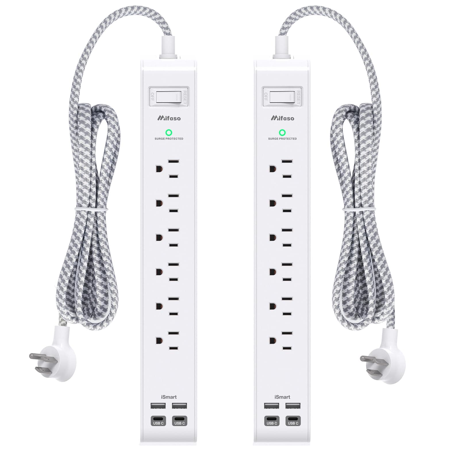 2 Pack Power Strip, 12FT Long Extension Cord, Surge Protector with 6 Outlets and 4 USB Ports (2 USB C), Flat Plug Overload Protection, Extension Cord 10+ ft, Wall Mount for Home Office Dorm College