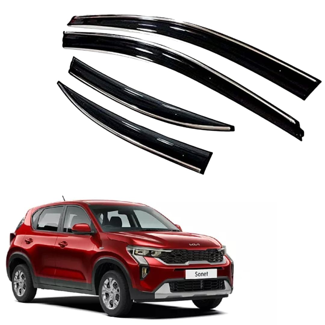 Premium Chromeline & Silverline Unbreakable Car Rear Window Wind Deflectors & Side Door Visor Rain Guard Compatible with (Kia Sonet (2020 Onwards))