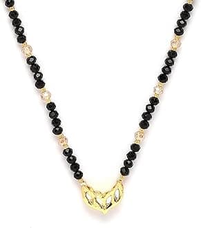 ZENEME Gold-Plated Black & White Artificial Stones Studded & Beads Beaded Locket Mangalsutra For Women
