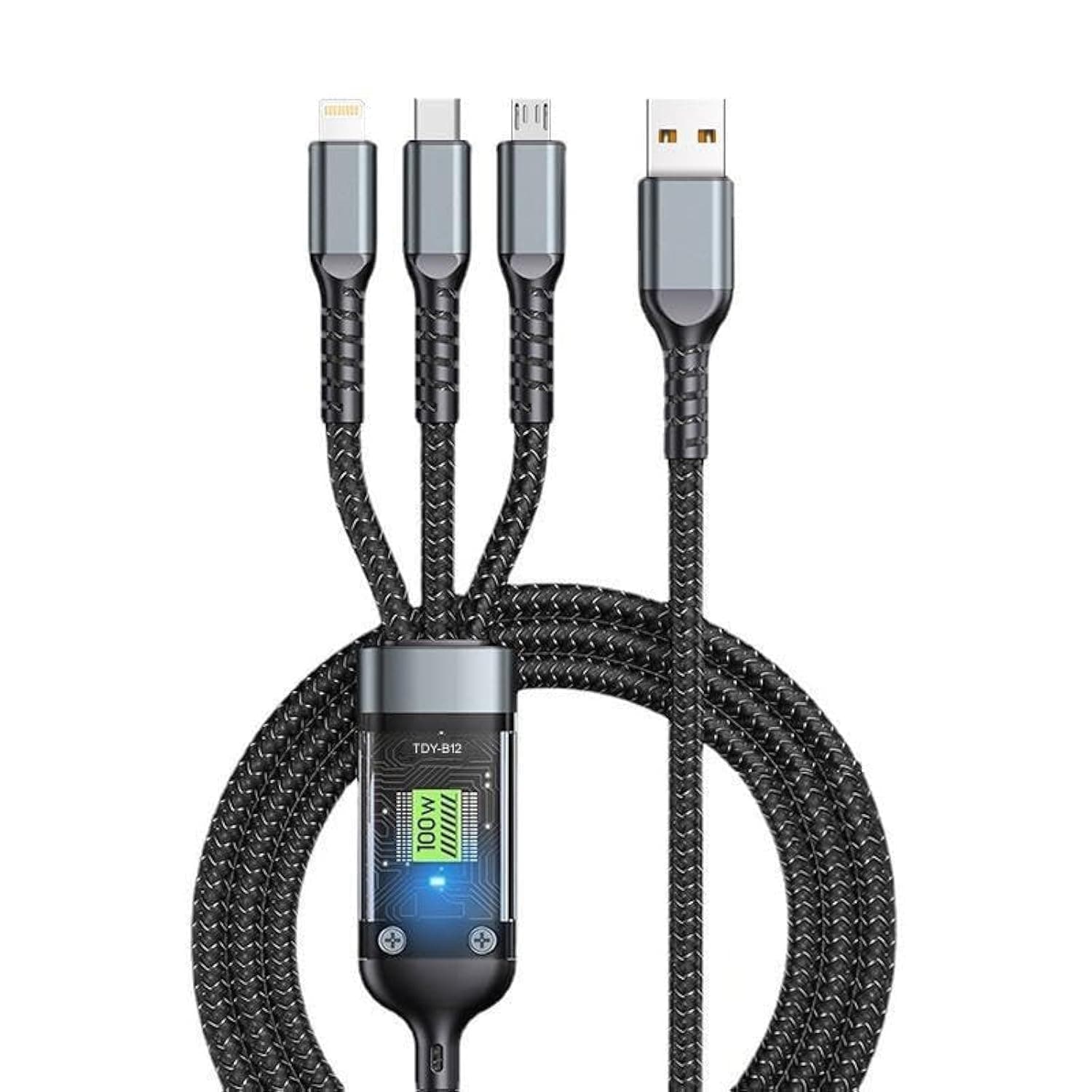ELONSEY Fast USB Cable Charger, 3-in-1 Multi Charging 100W, Type-C/Micro USB/Lightnning, Compatible with All Devices, Strong and Durable, Black, 1.2 Meters