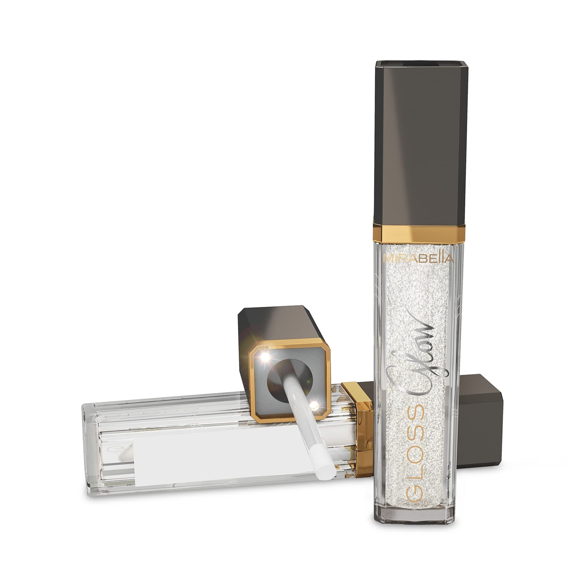 MirabellaGlow Light-Up Clear Shimmer Lip Gloss - LED Applicator with Mirror - Hydrating & Ultra-Moisturizing Formula with Jojoba Oil, Sweet Almond Oil & Vitamin E - .30 Fl Oz / 9ml