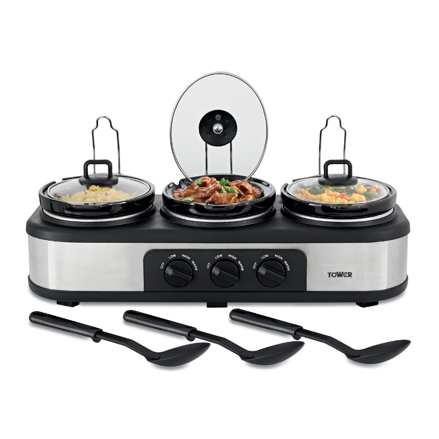 Three Pot Slow Cooker, Food Warmer and Buffet Server, 300 W, 3 x 1.5 Litre Cooking Pots, Black