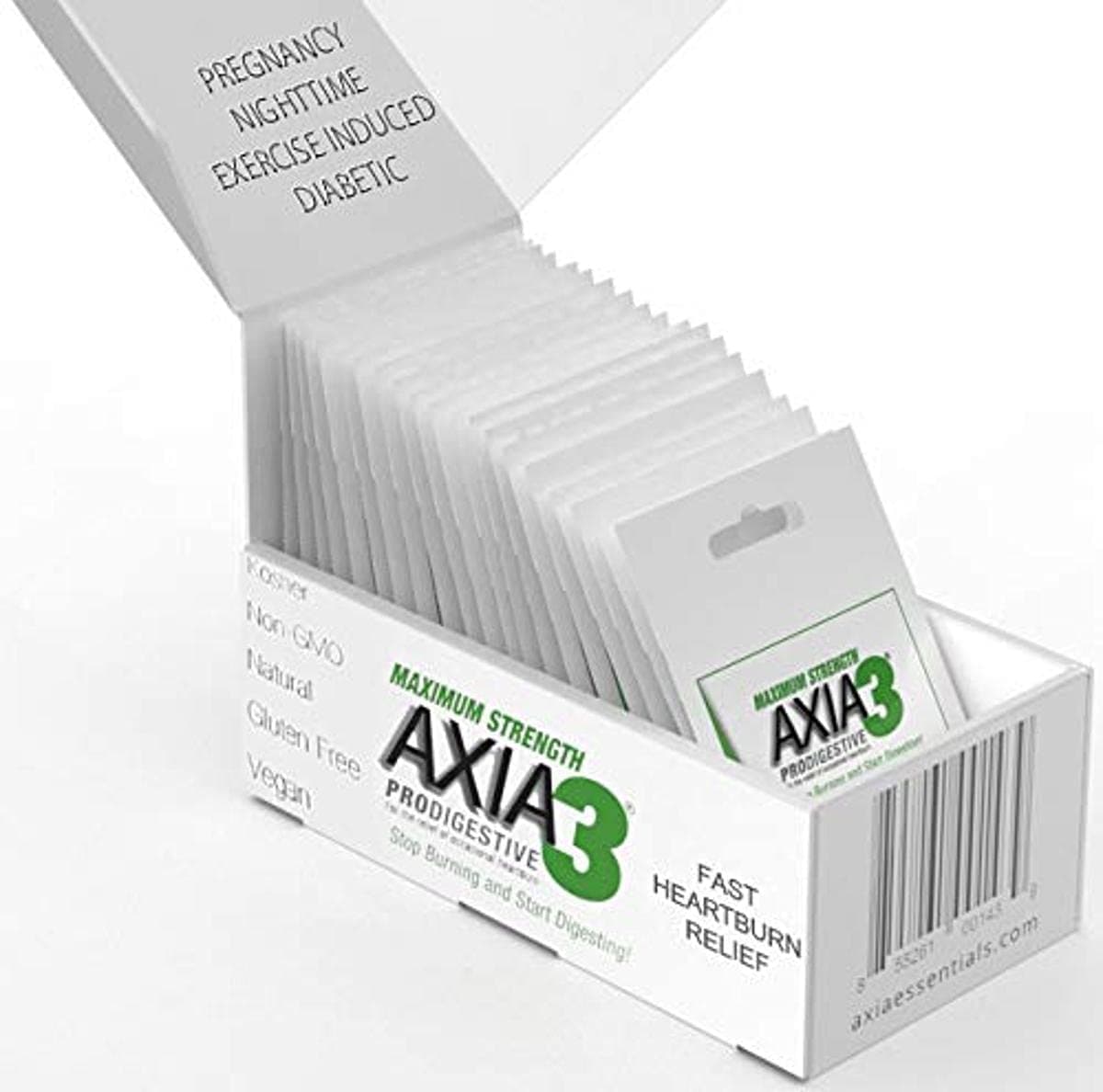 ProDigestive Axia Essentials Max Strength Heartburn Relief 3 Bottles with Reusable Travel Packs, White, 270 Count