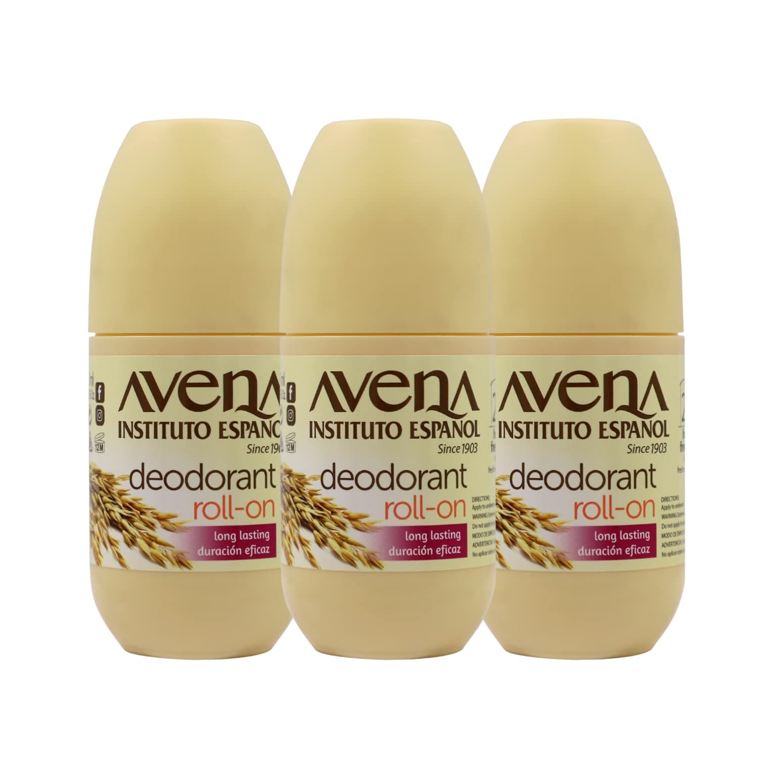 Avena Instituto Espanol Deodorant Roll-On, 3 pack, 2.5 Oz each, 3 Bottles