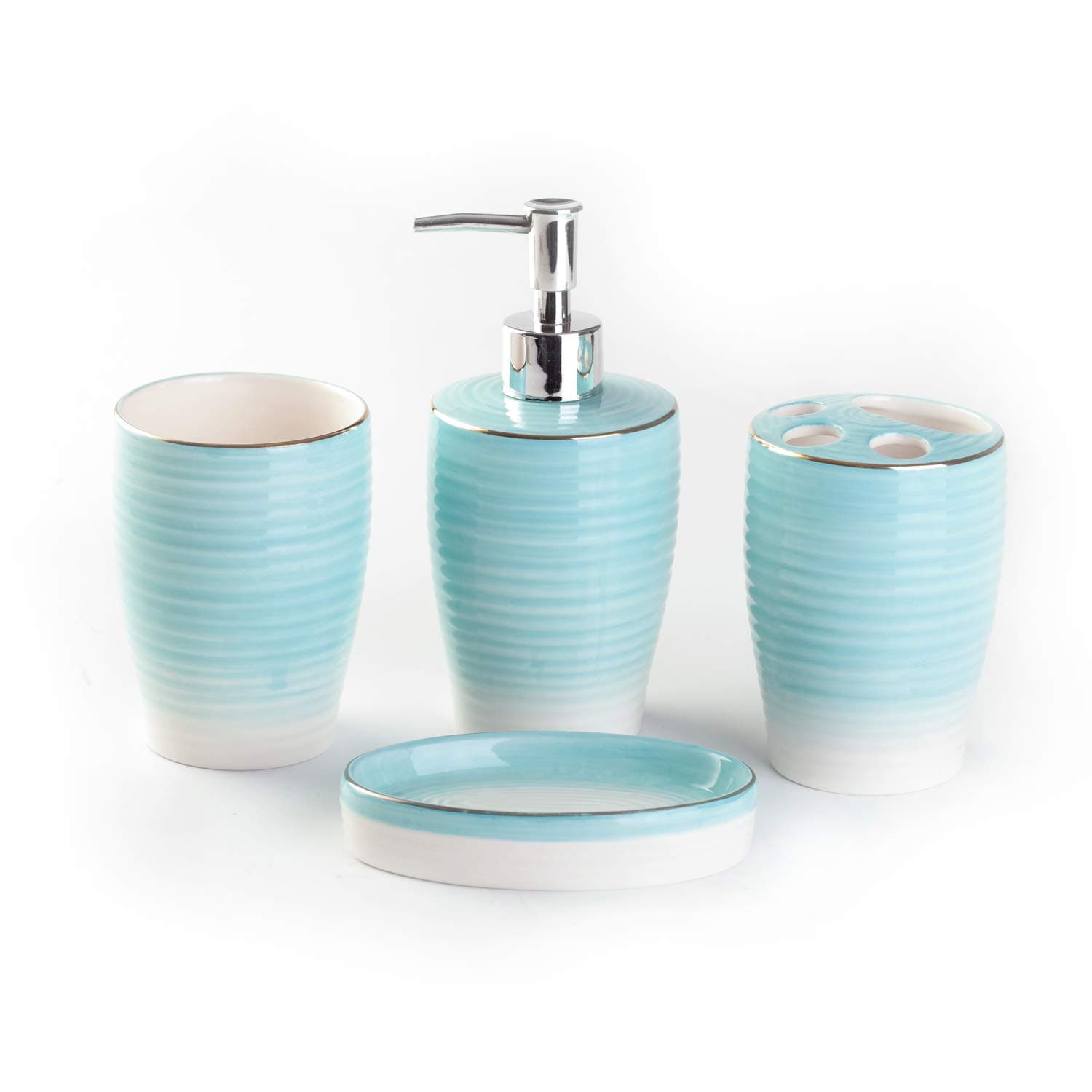 Bloom Flower 4-Piece Stoneware Bathroom Accessory Set- Toothbrush Holder, Tumbler, Soap Dish & Dispenser