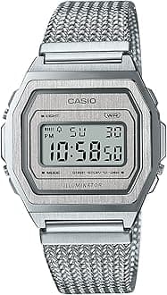 Casio Unisex Vintage A1000MA-7DF Silver Digital Dial Silver Stainless Steel Mesh Band D278