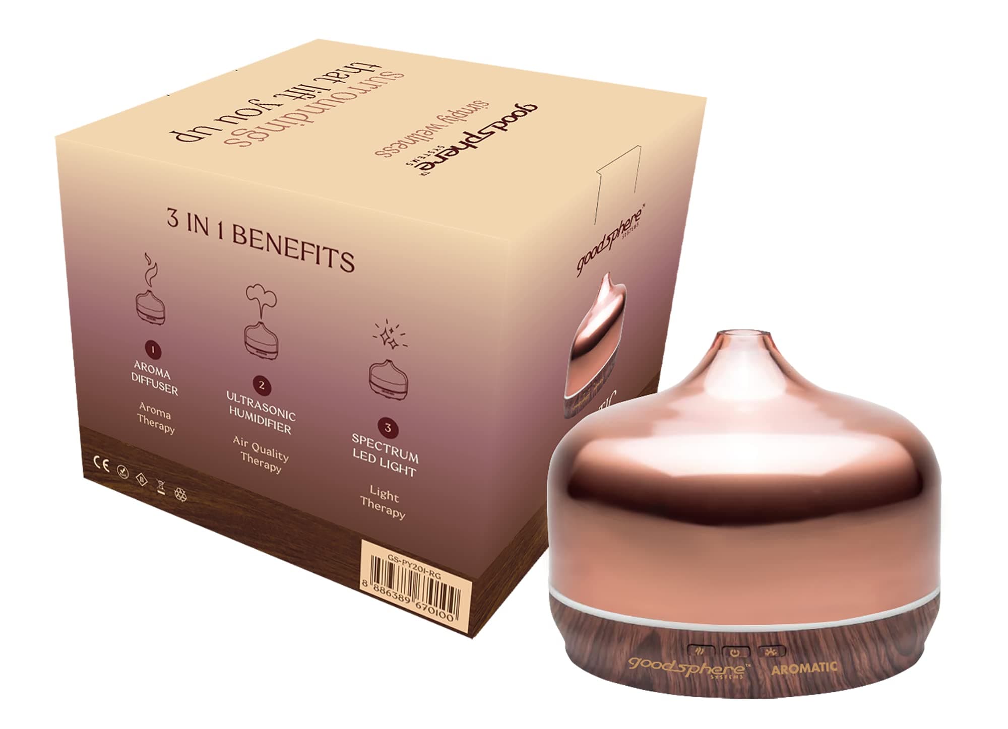 Goodsphere Aromatic - Rose Gold - 3 in 1 - Aroma Diffuser - Ultrasonic Humidifier - Spectrum LED Light