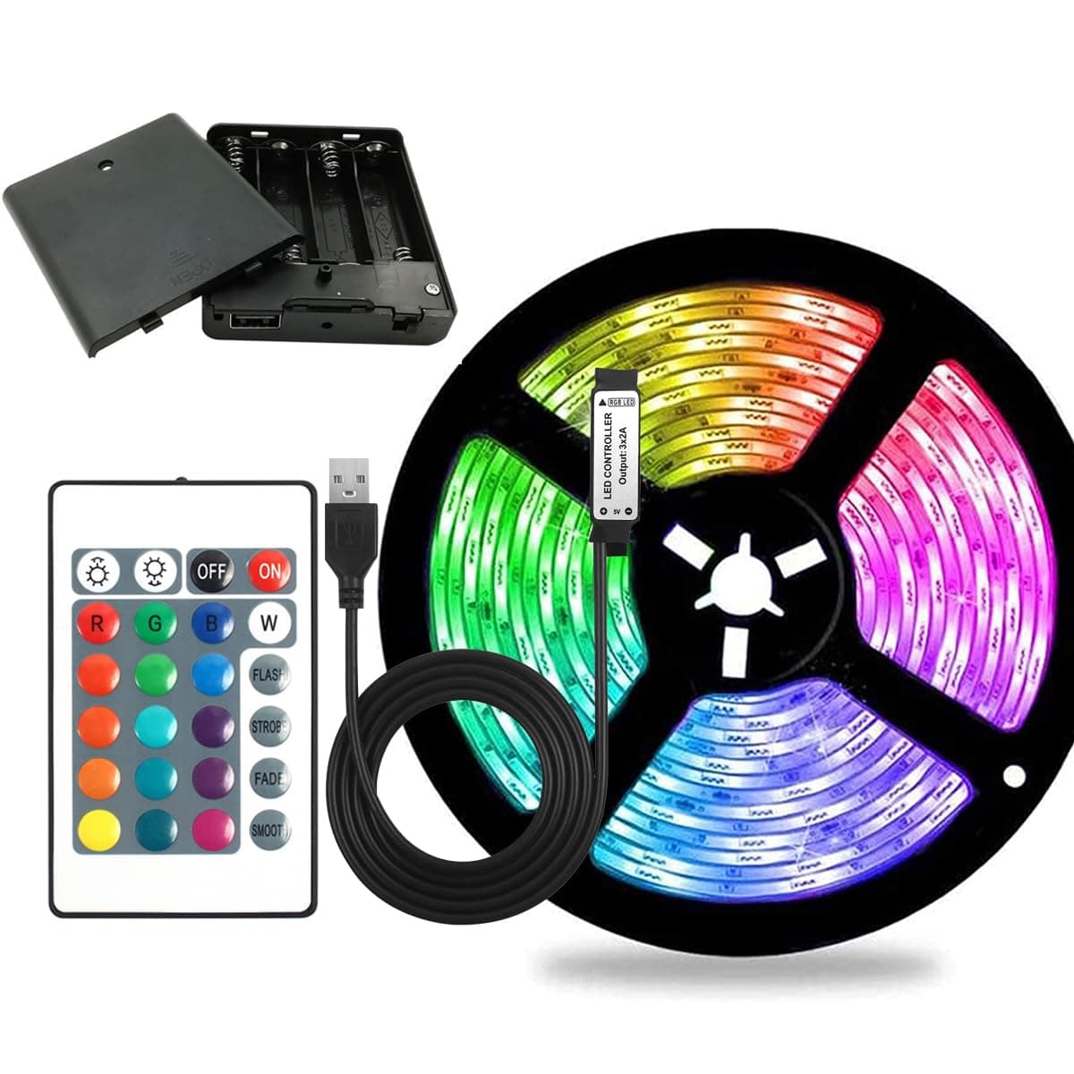 Battery Powered Led Strip Lights with 24-Button Remote Control, RGB 16 Colors, Strong self-Adhesive, DIY(6.56feet/2m)