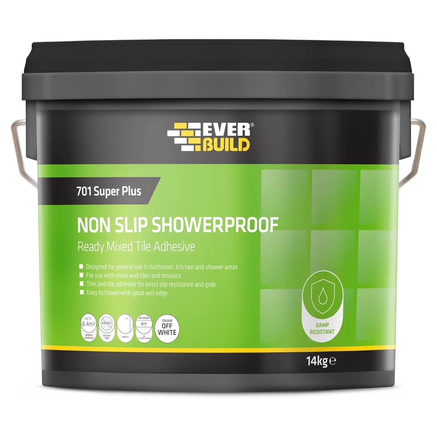 Everbuild 701 Non Slip Tile Adhesive – Ready Mixed – Acrylic Based – Easy To Apply – High Strength – White – 14kg