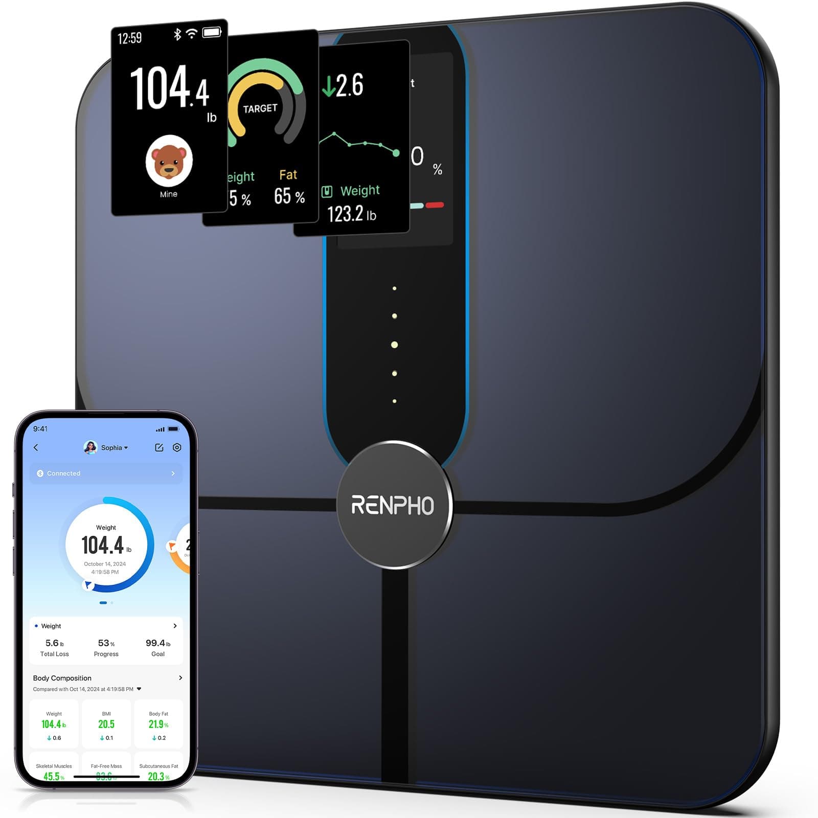 Smart Scale for Body Weight Fat, Digital Bathroom Scale with Color Display, Wi-Fi & Bluetooth Fitness Equipment for BMI Muscle Mass Composition, Rechargeable, Elis Nova