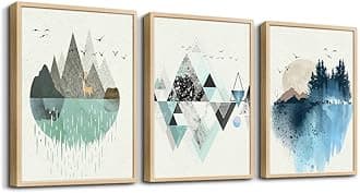 Natural Wood Framed Abstract Geometry Wall Art - Set of 3 Piece 12"X16" Prints for Living Room, Bedroom, Office Wall Decor