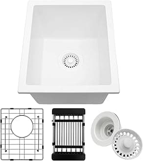 White Bar Sink, 13" x 15" x 10" Undermount Kitchen Sink, 13 Inch Small and Deep Single Bowl Granite Composite Kitchen Sink with Accessories, 13 x 15 White Quartz Stone Bar Sinks