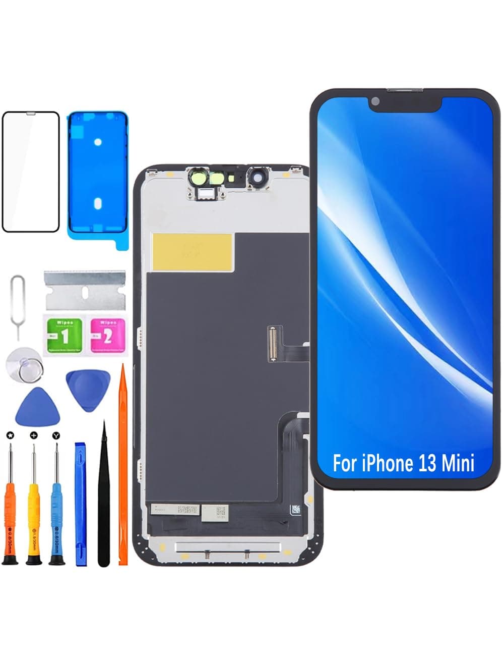 Display for iPhone 13 Mini LCD Screen Replacement FHD Touchscreen 3D Touch Face ID Digitizer Frame Assembly, Waterproof Adhesive, Repair Kits