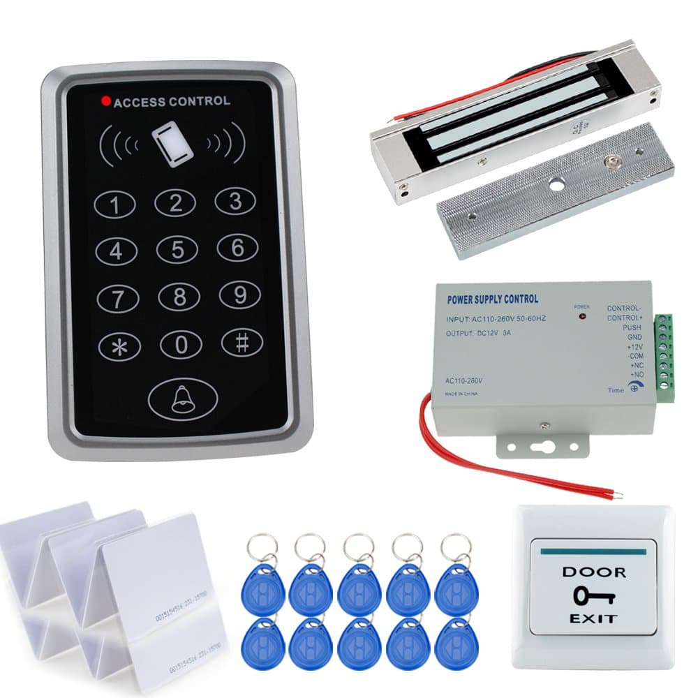 Full Set Door Access Control System Kit RFID Controller Keypad 125KHz Reader with Power Supply + 180KG Electric Magnetic Lock Waterproof+20pcs Key cards Gate Opener