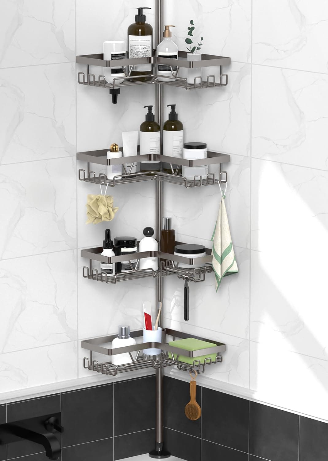 Corner Shower Caddy Tension Pole with Soap Dish & Razor Holder, Adjustable Bathroom Organizer with Hooks, 25-114.2 Inch Rustproof Storage Shelf for Renters & Apartments, Gunmetal Gray