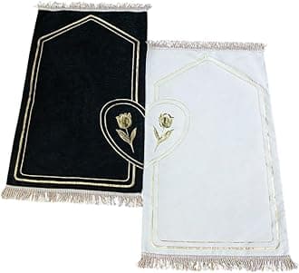 ihvan online Muslim Prayer Rug for Couples, Praying Mat Set for Women & Men, Soft Prayers Matt with Prayer Beads, Islamic Gifts for Ramadan Eid, Two Pieces, White-Black Rose Patterned