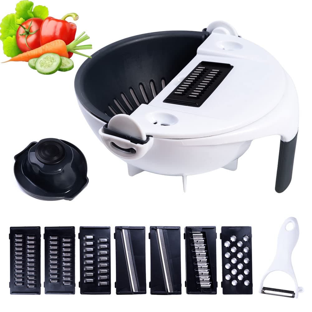 New 11 in 1 Multifunction Magic Rotate Vegetable Cutter with Drain Basket Large Capacity Vegetables Chopper Veggie Shredder Grater Portable Slicer Kitchen Tool with 8 Dicing Blades (white)