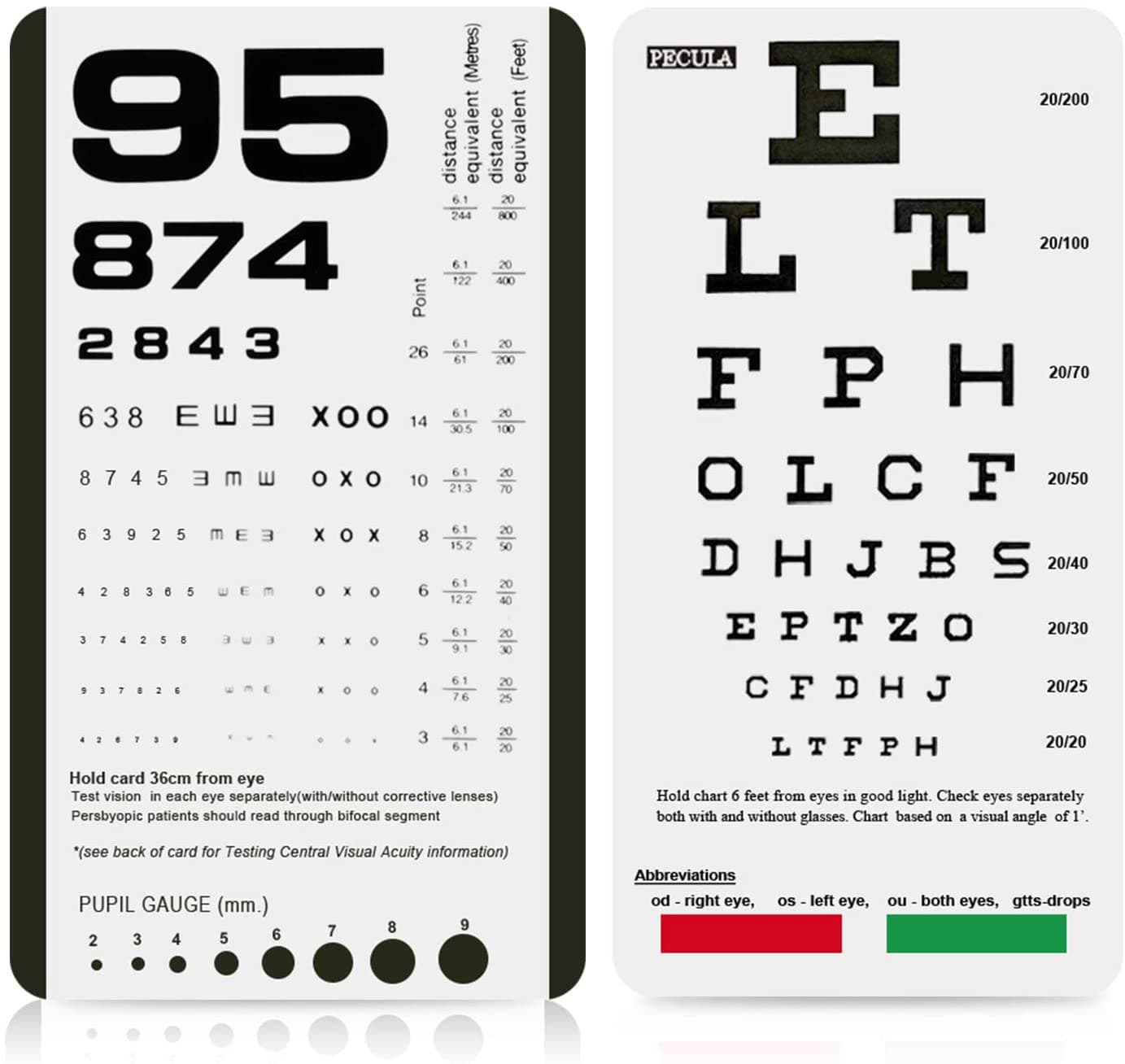 PECULA Eye Chart - Snellen and Rosenbaum Pocket Charts (2 Pack)