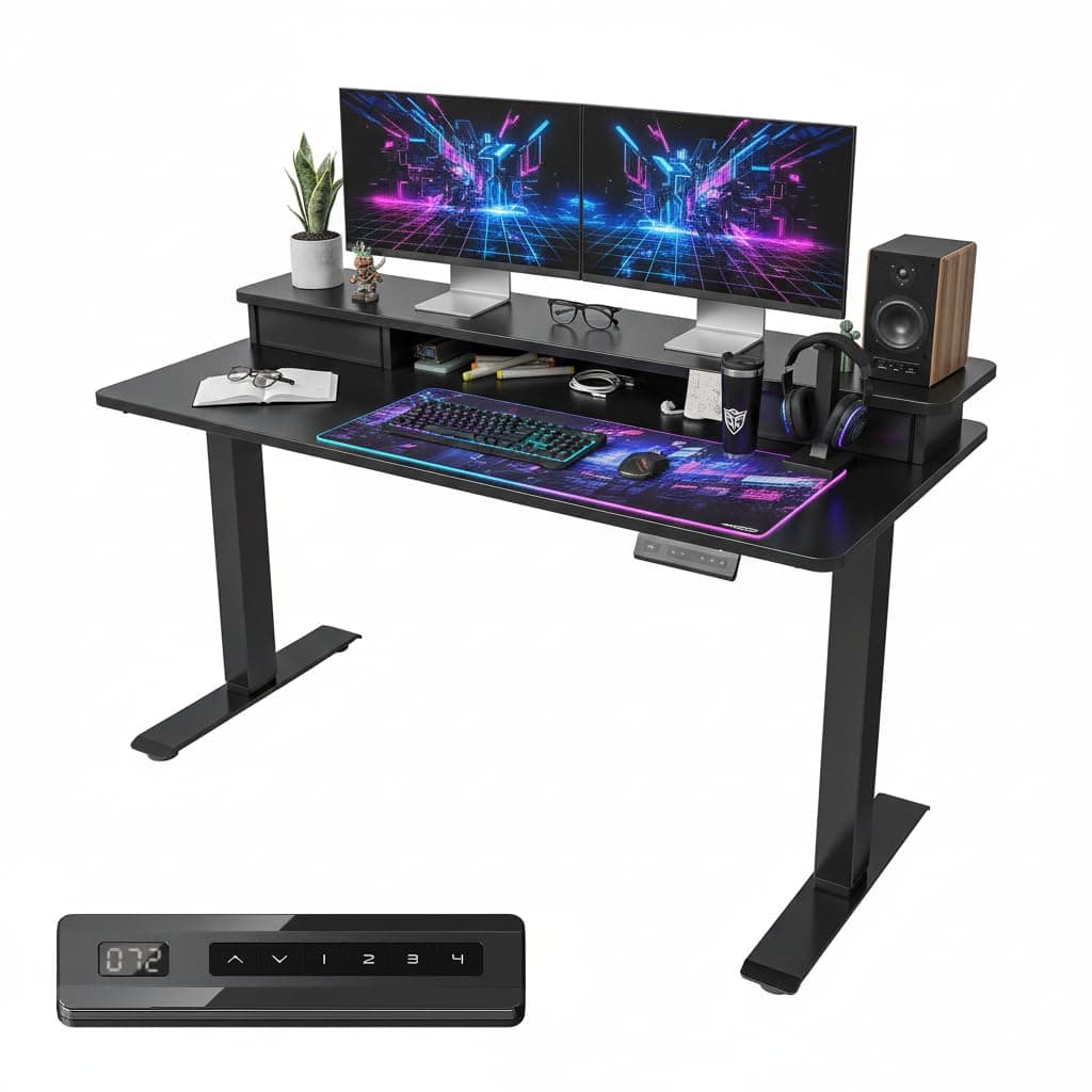 FEZIBO Height Adjustable Electric Standing Desk with Double Drawer, 55 x 24 Inch Stand Up Table with Storage Shelf, Sit Stand Desk with Splice Board, Black Frame/Black Top