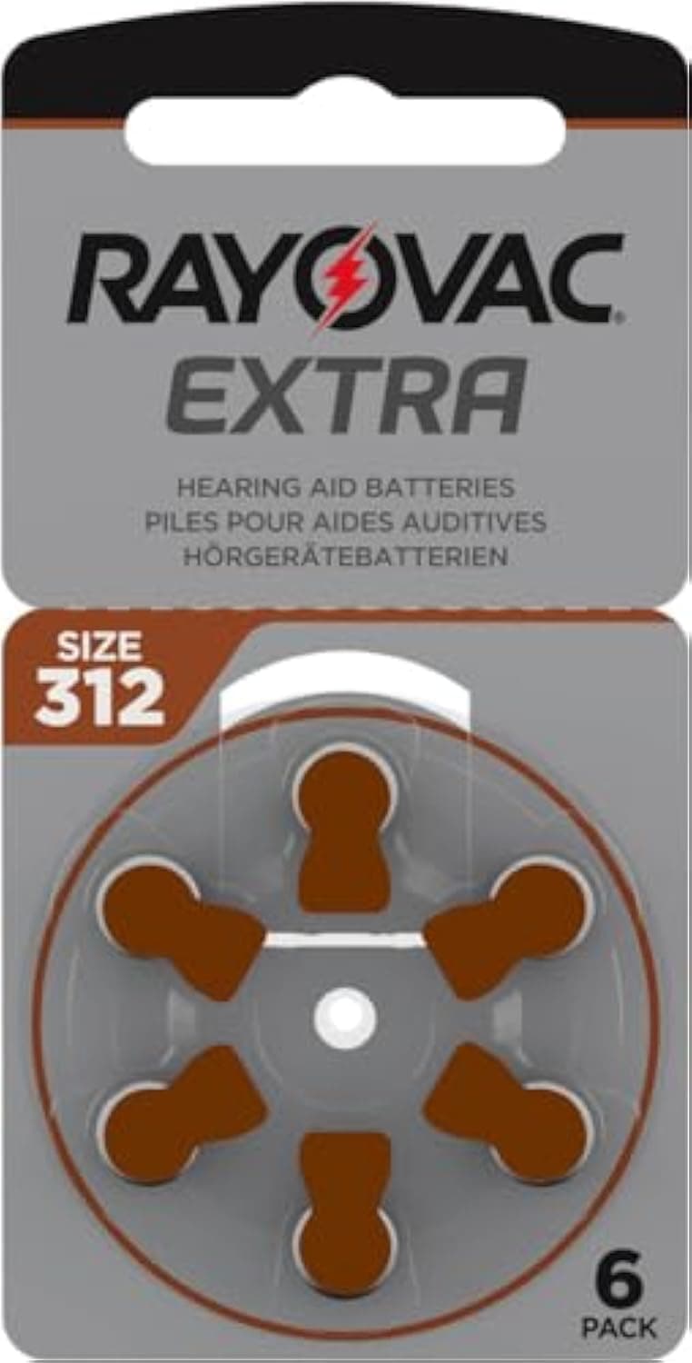 Rayovac Extra Advanced Hearing Aid Batteries, Size 312, Brown Tab, PR41, Pack of 60