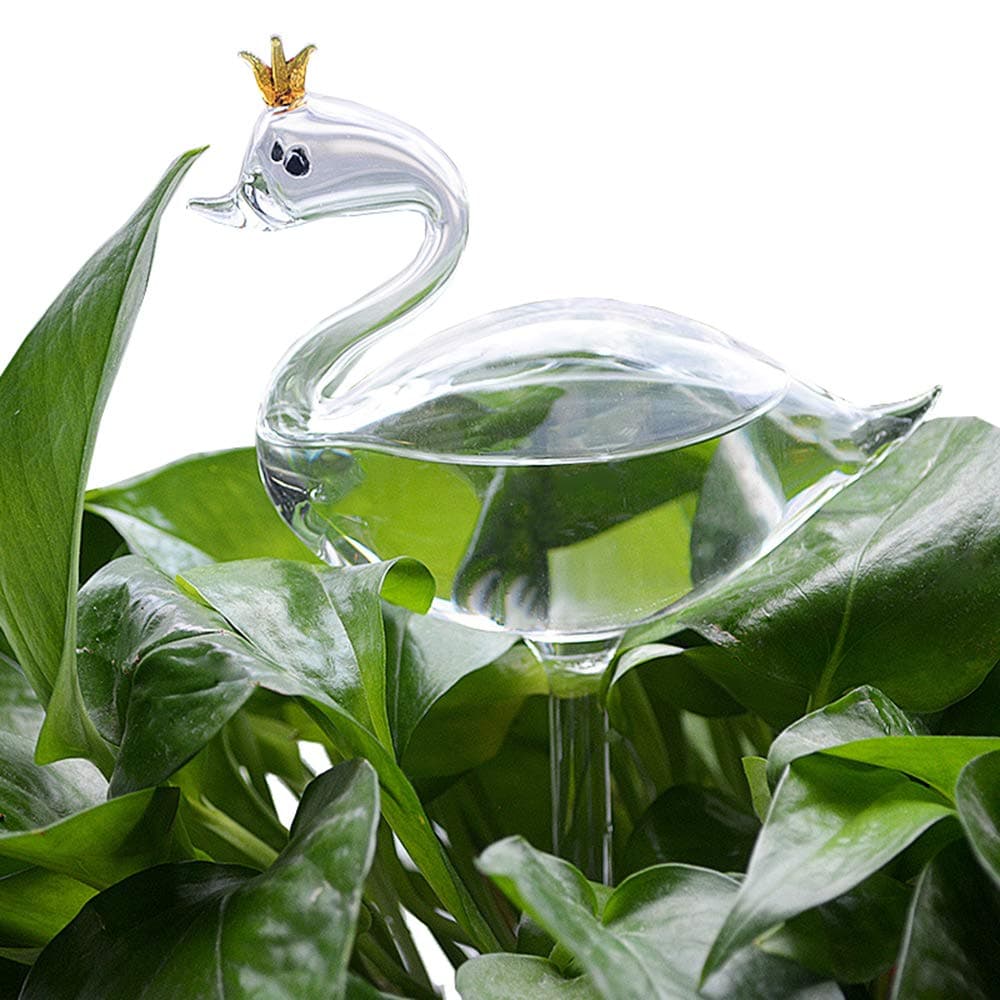 The Crowned Swan Glass Shape Hand Blown Clear Glass Automatic Waterer House Plant Self Watering Decorative Potted Plants Watering Globes Bottle Waterer Container (Swan)