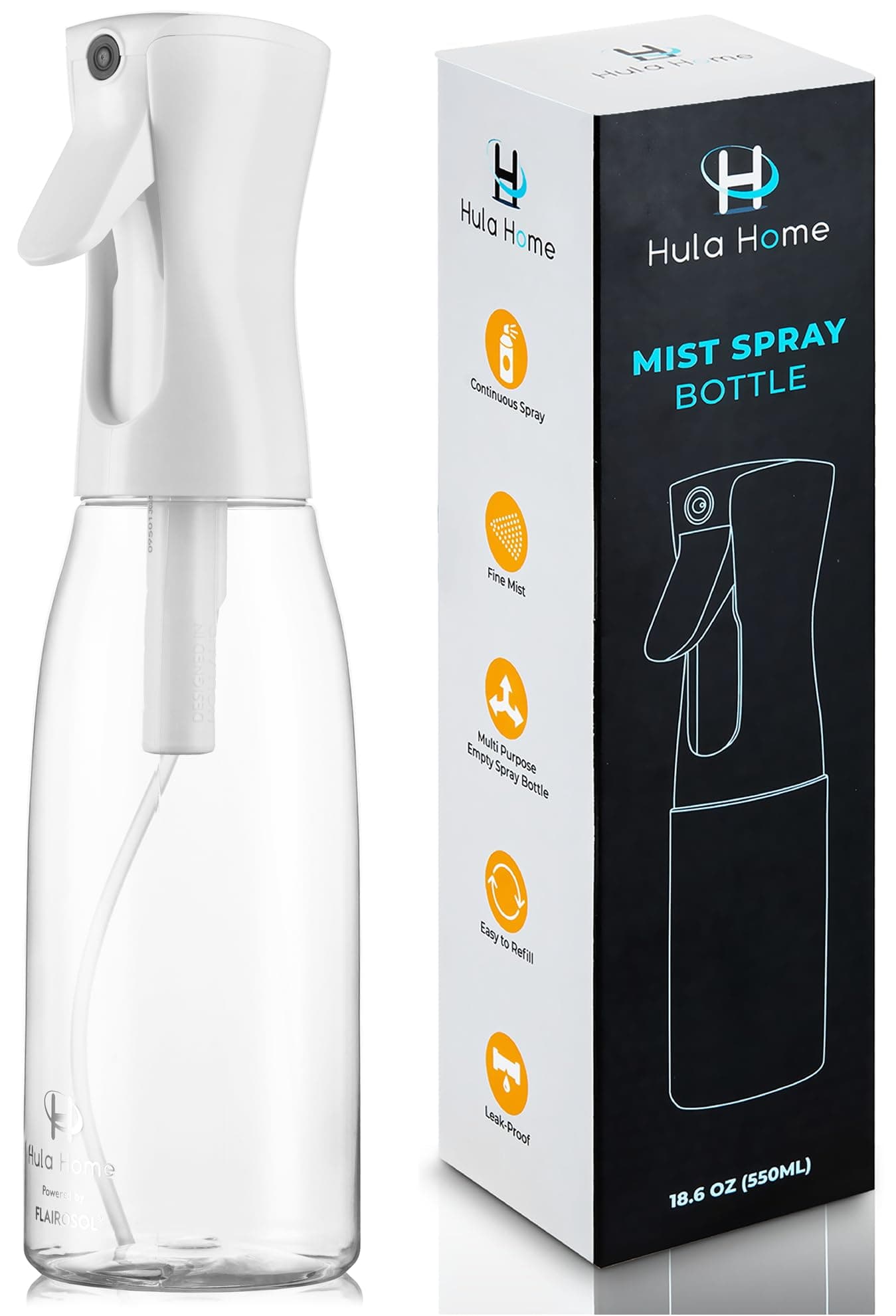 Hula Home Spray Bottle for Hair (16.9oz/500ml) Continuous Empty Ultra Fine Plastic Water Mist Sprayer – For Hairstyling, Cleaning, Salons, Plants, Essential Oil Scents & More - White