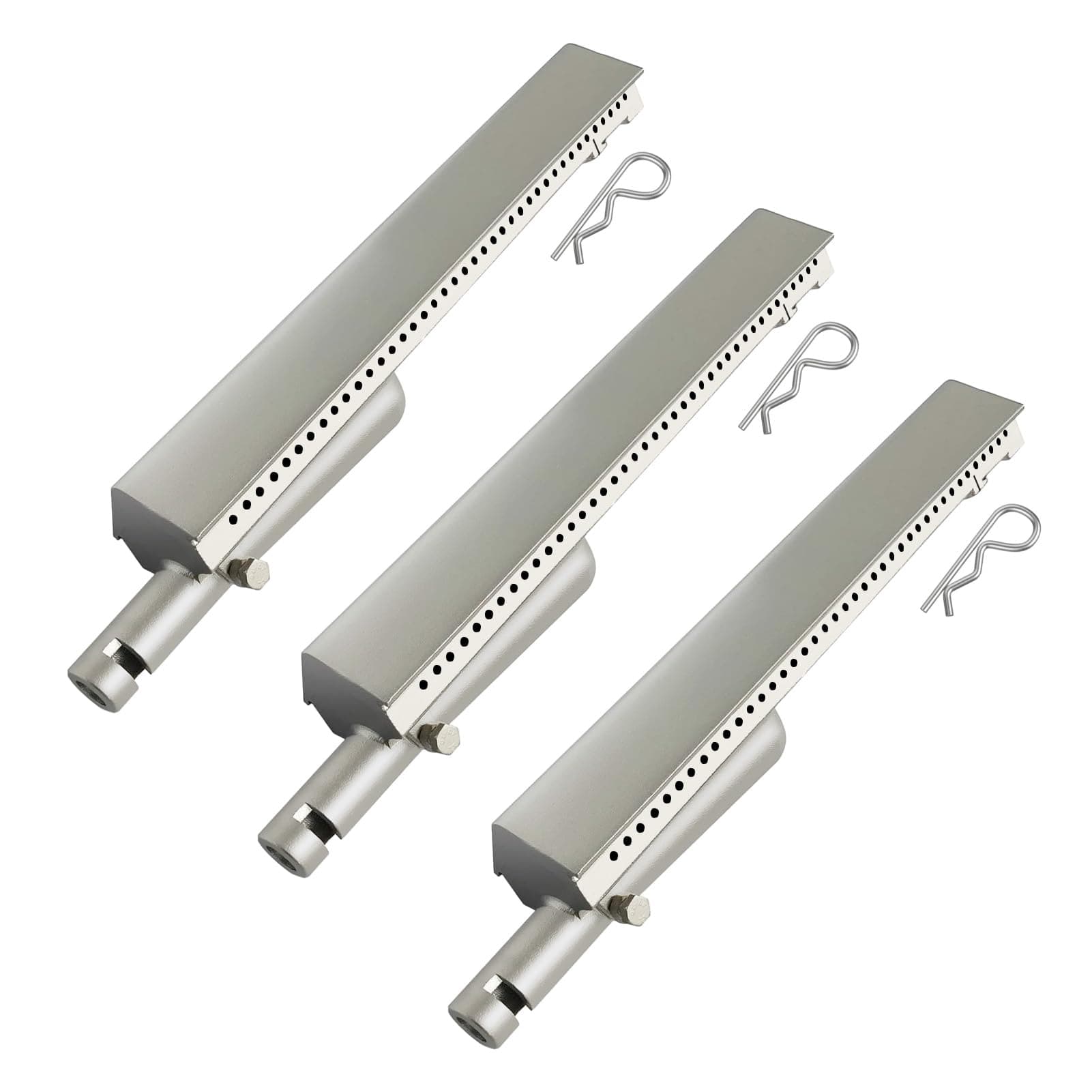 Upgraded 3 Pack 13 3/4" Heavy Duty Cast Stainless Steel BBQ Grill Burners Compatible with Charbroil, Centro, Front Avenue, Costco Kirkland, Thermos Gas Grills, with Locking Pins, Sliver
