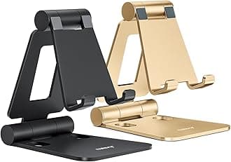 Nulaxy Dual Folding Phone Stand for Desk 2 Pack, Fully Adjustable Mobile Phone Holder Desktop Compatible with iPhone 16 15 14 13 12 11 Xs Xr X 8, HUAWEI, Samsung, All Smartphones, Black & Gold