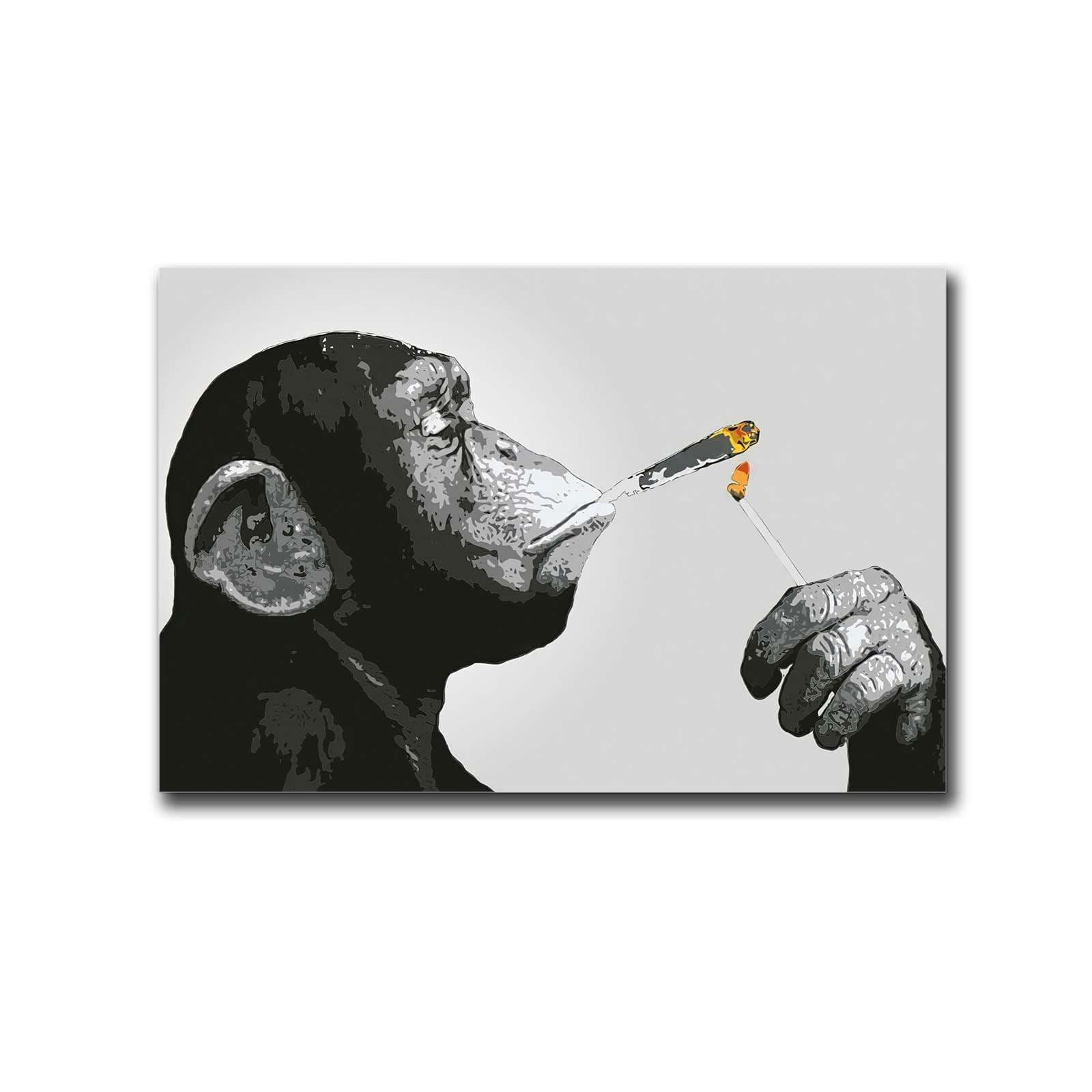 Canvas Wall Art Prints Banksy Monkey Chimp Smoking Spliff Art Poster Home Decor Kitchen Home Dining Room Decoration 8x12inch-wood Frame