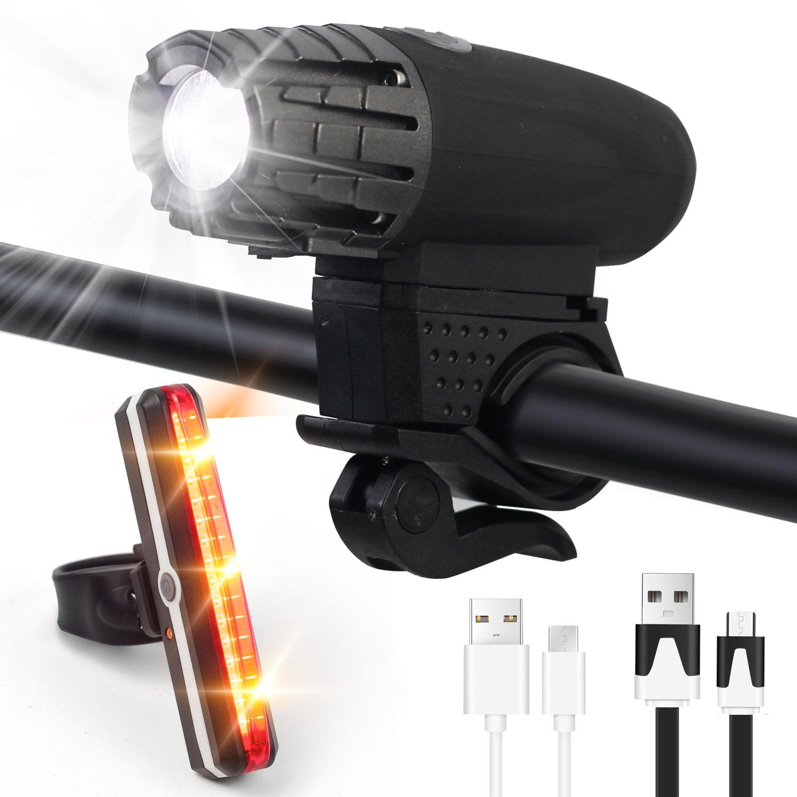 SKY-TOUCH USB Rechargeable Bike Light Set 320 Lumens Powerful Front and Rear Bike Accessories for Night Riding, Cycling Rear Headlight Reflectors for Kids, Road, Mountain Bike, Black