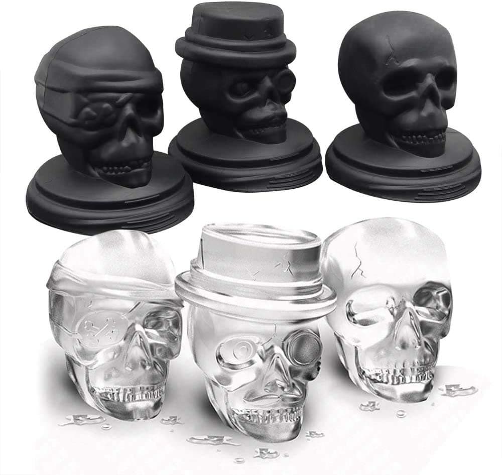 Skull Ice Mold, Pop 3D Flexible Large Round Cube Ball Silicone Tray Maker for Holiday Party, Halloween, 3 Pack, Black