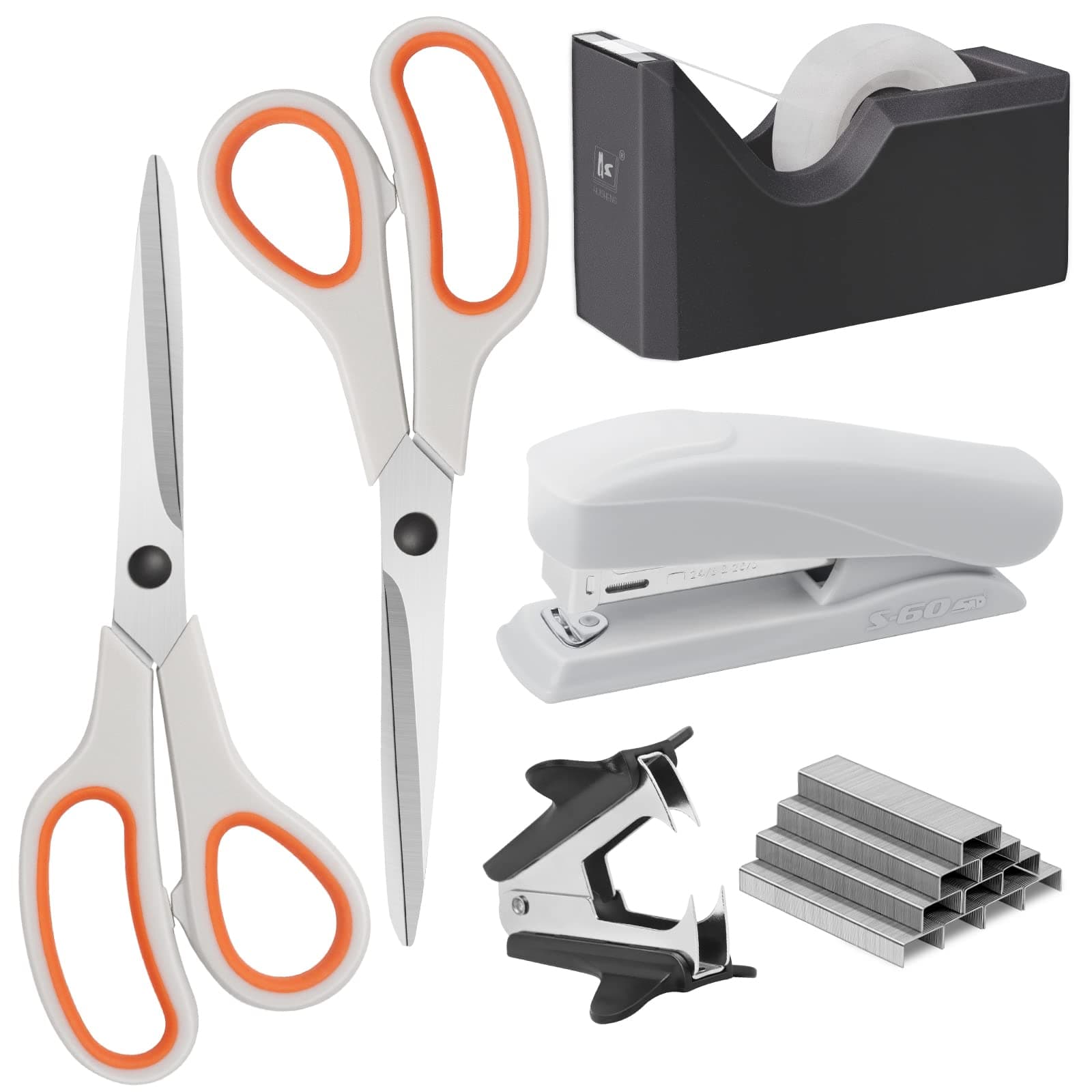Office Supplies Kit, Desk Accessory Set, Including 2 Scissors, 1 Stapler,1000 Pieces 26/6 Staples, 1 Staple Remover, 1 Tape Dispenser and 1 Tape, Perfect Office Partners