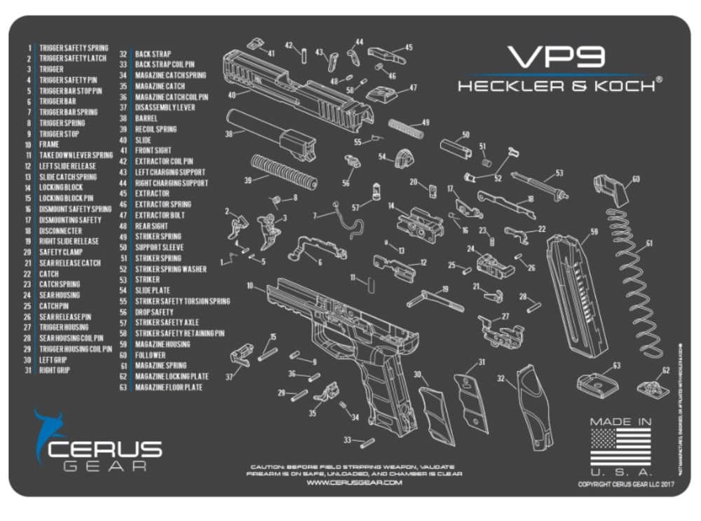 Cerus GearH&K VP9 Schematic Promat, Versatile Firearm Mat for Cleaning, Reloading, and More, Rifle Cartridges Printed to Scale, Fits Most Guns, Great for Any Desk or Work Bench - 12 x 17 Inches