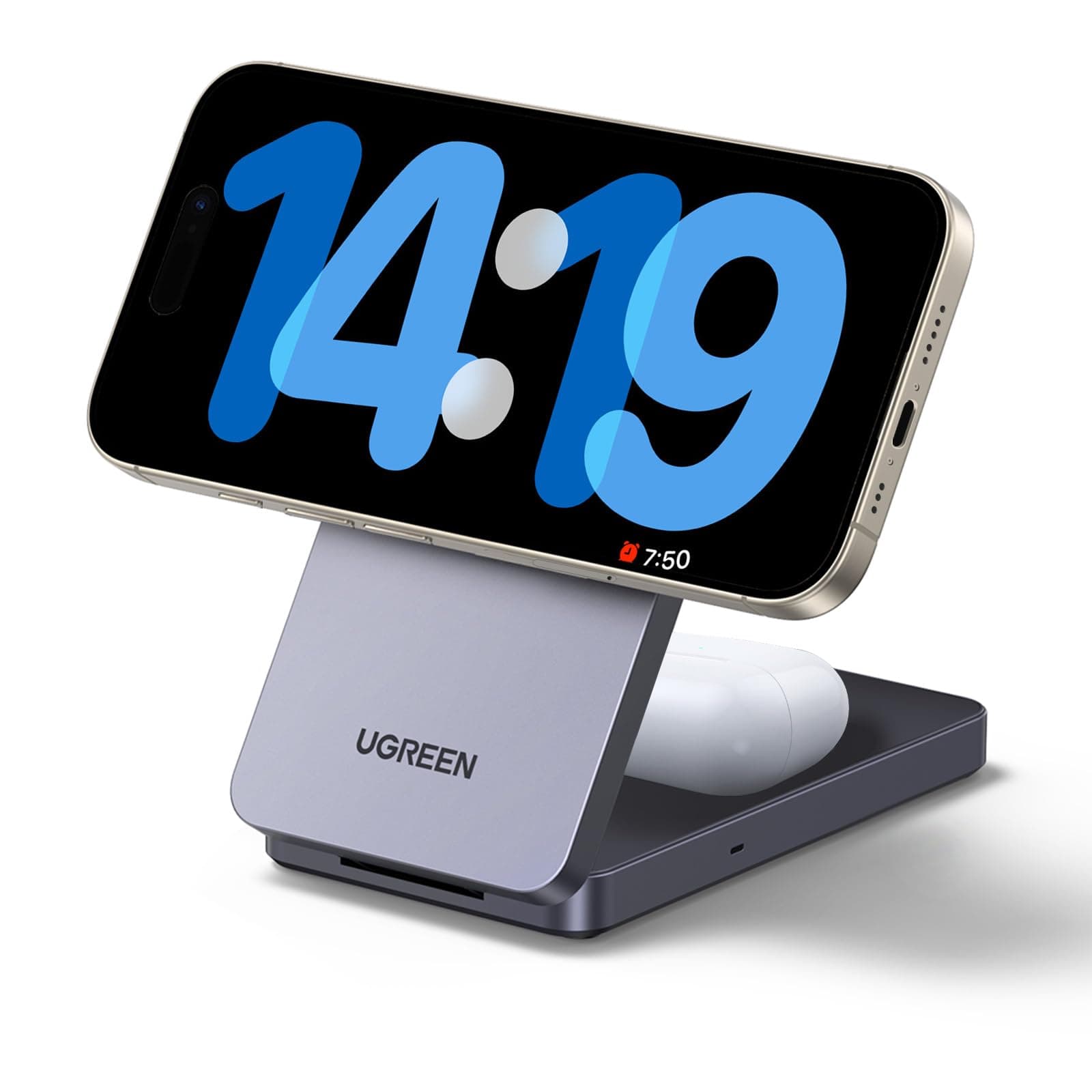 UGREEN MagFlow MagSafe Charger for iPhone 16, Qi Certified Wireless Charger Stand, 2-in-1 Mag Safe Charger Stand Compatible with iPhone Air/17/16/15/14/13/12 Series, AirPods 4/3/2/Pro 1/2/3
