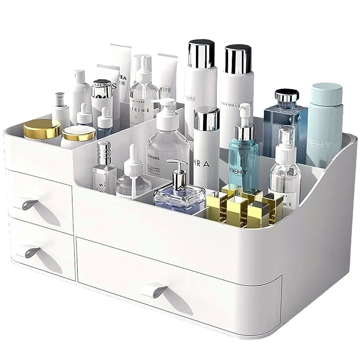 Yoawllty Makeup Organizer, Cosmetic Organizer Storage Box with Drawer, Elegant Vanity Case for Bathroom Bedroom Office Supplies(White)