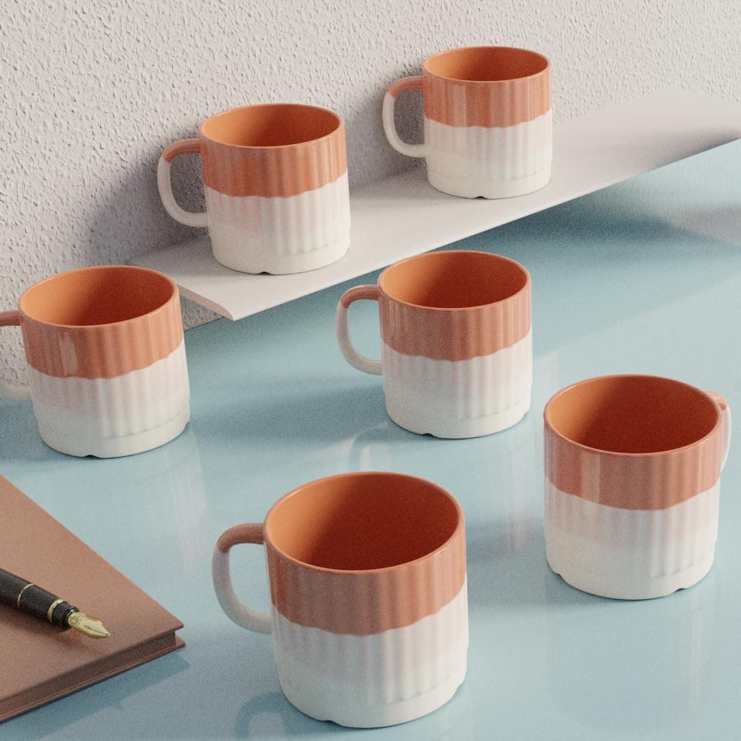 The Earth Store Tritone Brown Fringe Tea Cups Set of 6 Microwave and Dishwasher Safe, Perfect for Every Occasion Capacity - 200 ml Each