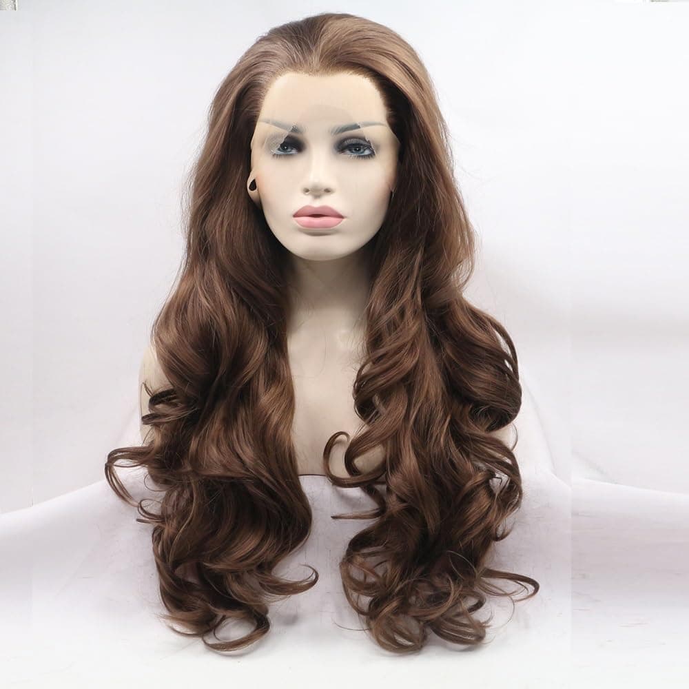 Xiweiya Brown Wig Long Body Wave Synthetic Chestnut Brown Lace Front Wigs Free Part Natural Hairline Heat Resistant Hair 180% Density Half Hand Tied for Women Halloween Wig 24inch