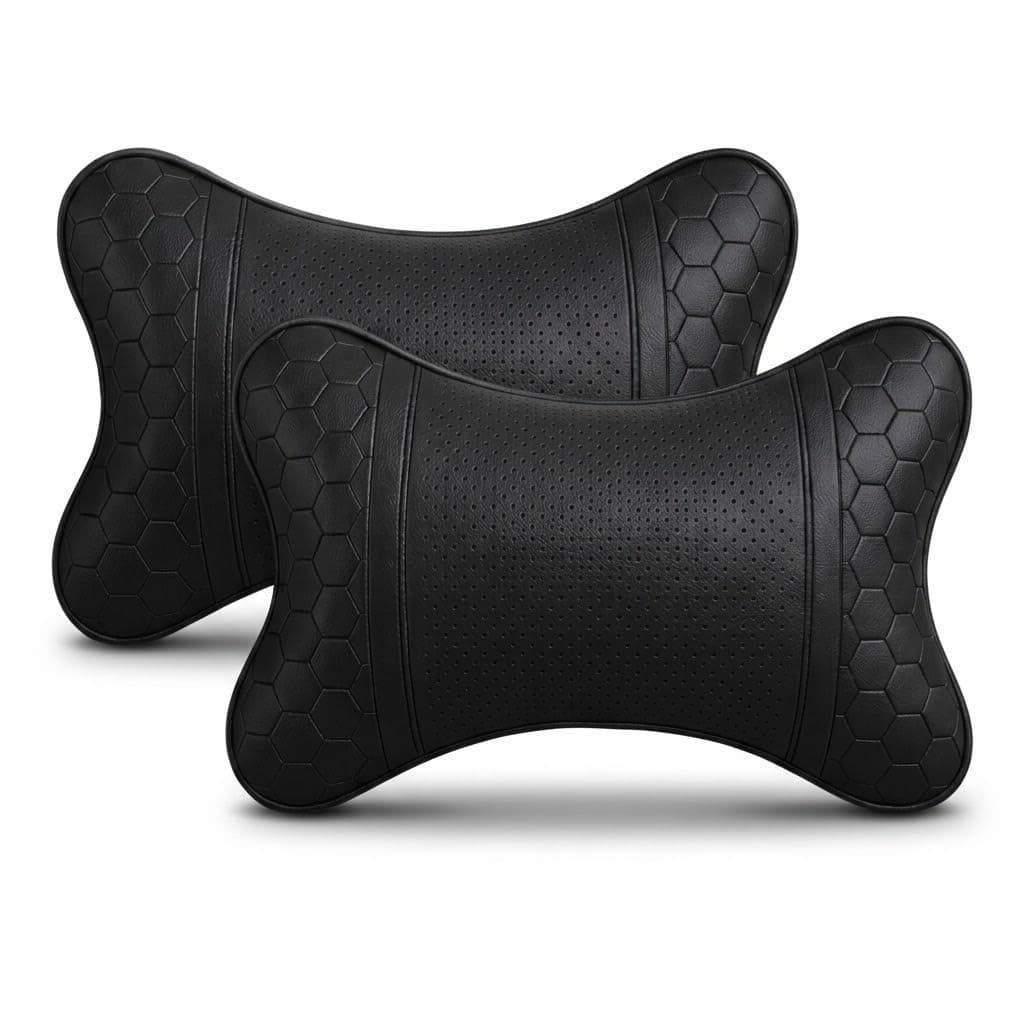 AdroitZ Faux Leather 𝗨𝗡𝗜𝗩𝗘𝗥𝗦𝗔𝗟 Car Neck Rest Pillow | Premium headrest Cushion Neck Pain Relief | Head Rest Support for Long Drives | Headrest Interior Seat Accessories for All Cars(Set of 2)