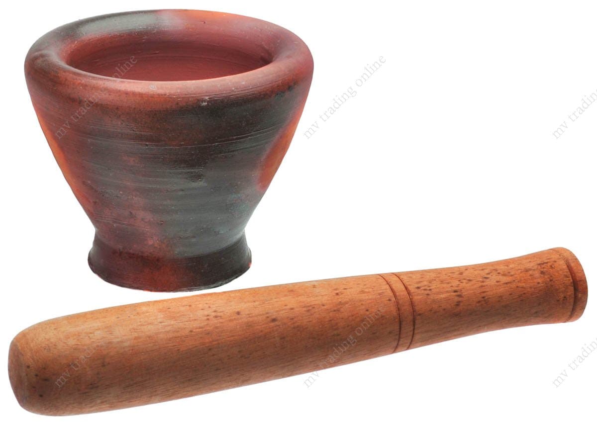 Thai & Laos Kruk Grinding Earthenware Clay Mortar with Palm Wooden Pestle, 6.75 Inches