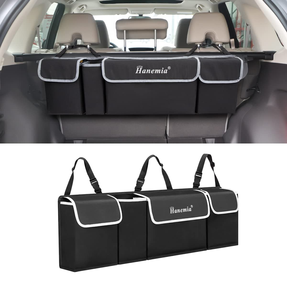 Car Trunk Organizer and Storage, Backseat Hanging Organizer for SUV, Truck, MPV, Waterproof, Collapsible Cargo Storage Bag with 4 Pockets, Car Interior Accessories (Black)